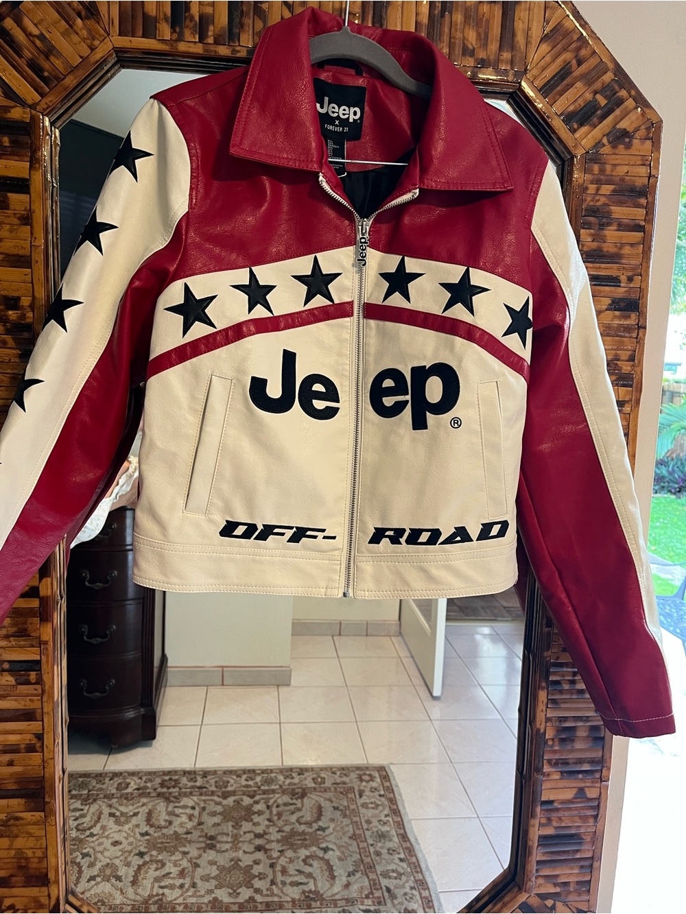 Forever 21 x JEEP Red and White Star-Accent Bomber Jacket